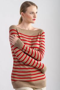 Sweter Damski w Paski P08 Beige/Red